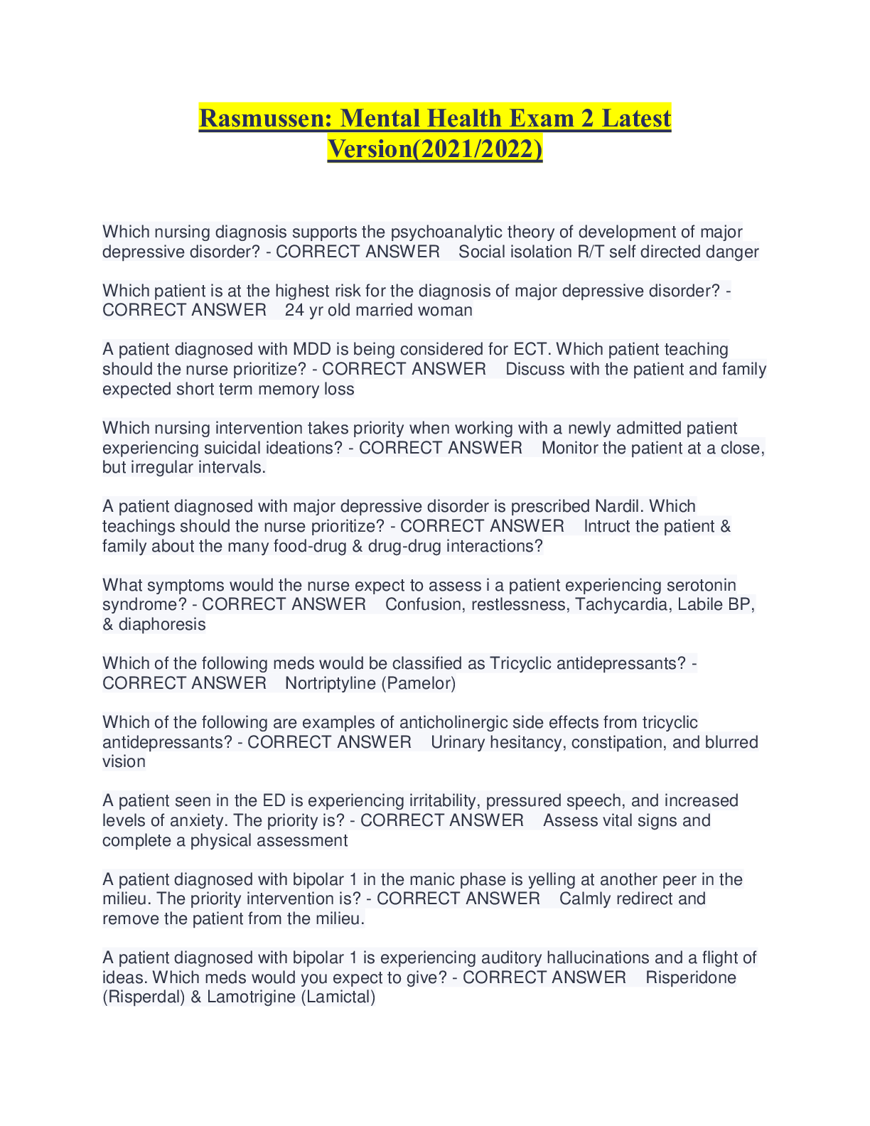 Preview image for Rasmussen: Mental Health Exam 2 Latest Version( /2022)